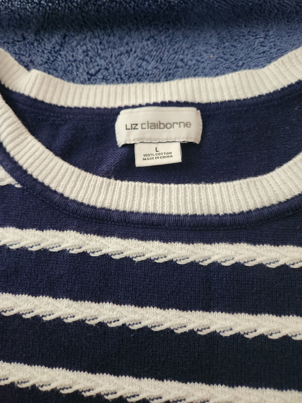 Liz Claiborne Navy & White Striped Cotton Crew Sweater